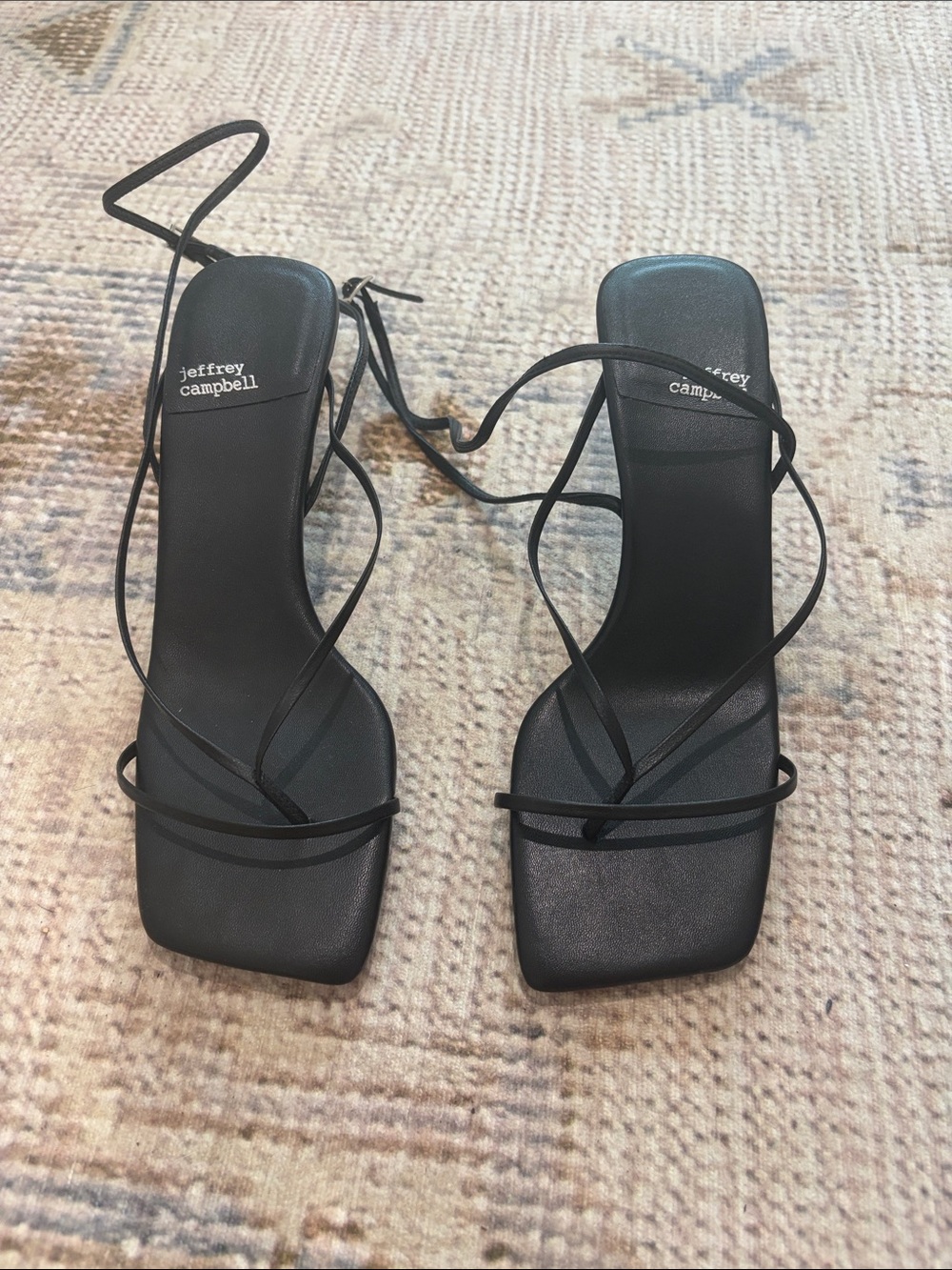 Jeffrey Campbell Black Strappy Square-Toe Heeled Sandals with Ankle Wrap